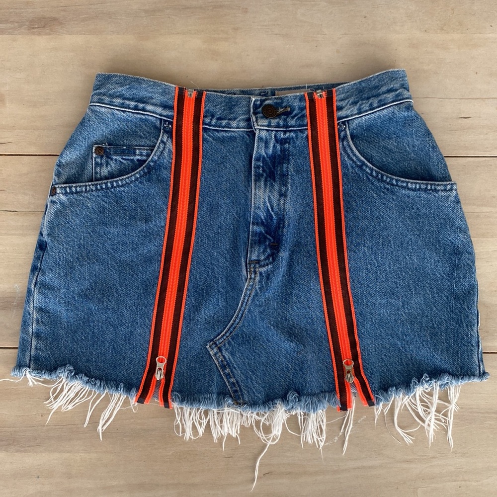 Vintage Lee Denim Skirt Cutoff Reworked Double Front Orange Zippers - Picture 3 of 9